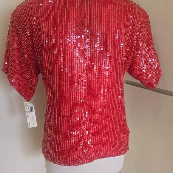 Vintage Jean for Joseph le Bon 100% Silk Red Sequin Short Slv. Blouse, NWT, S - Picture 4 of 10